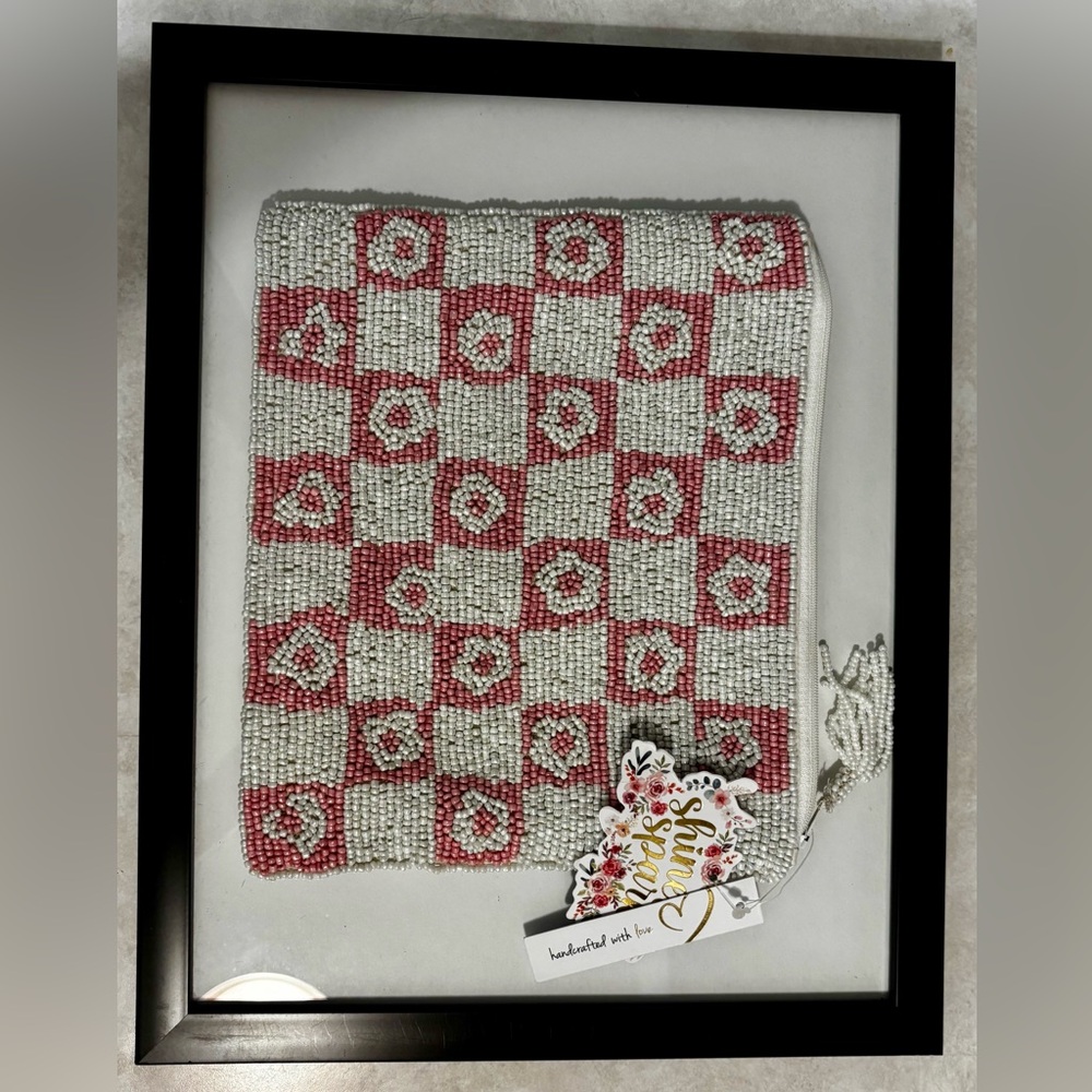 Handcrafted Beaded Pouch - Pink and White